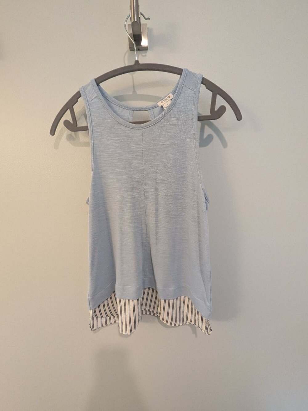 Light Blue Drapey Tank Top Mixed Media Striped Layered Hem (Small)